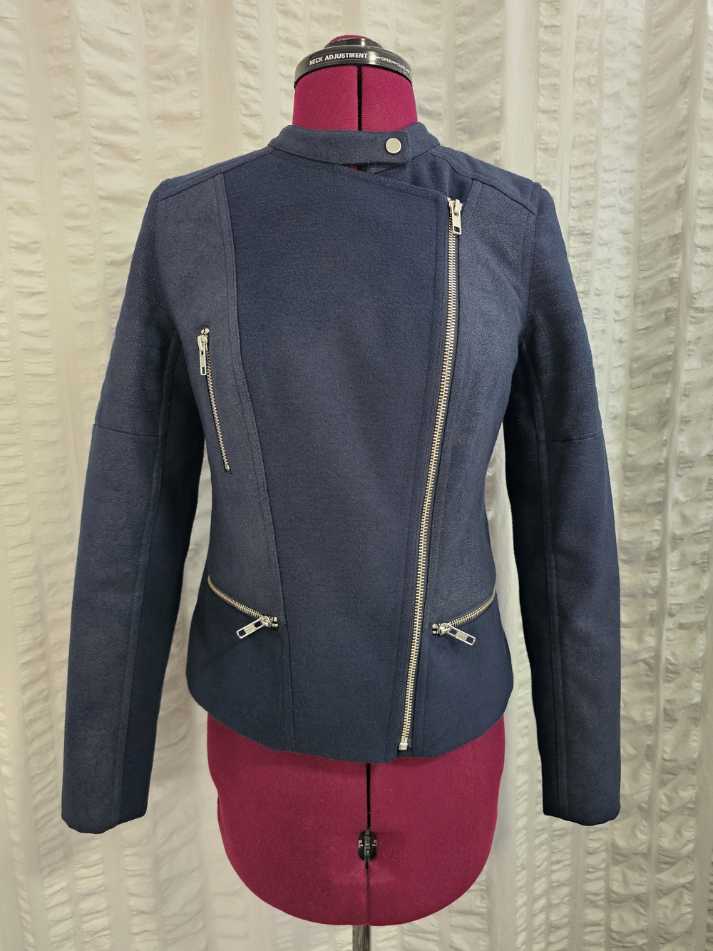 Trouve Navy Blue Crackle Felt Melton Moto Biker Asymmetric Jacket